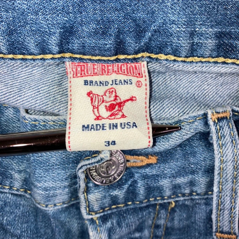 Vtg True Religion Slim Straight Jeans Men 34 Blue Flap Pocket Whiskered USA Made